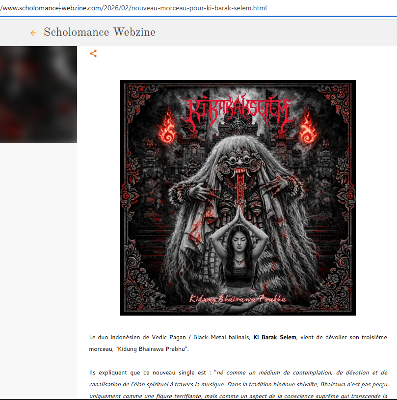 Ki Barak Selem Featured by Scholomance Webzine (France)